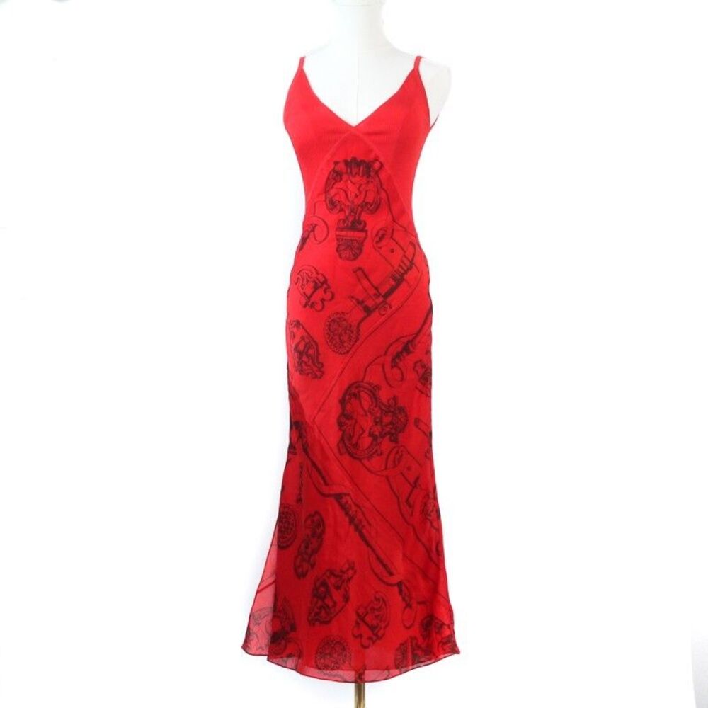 Hermès Italy NWT Silk Scarf Print Dress Red Maxi Slip Gown Jo Rogue Amazon, 34